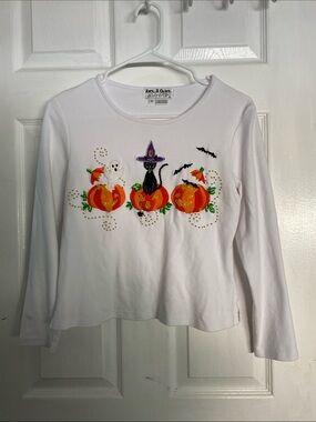 White Halloween Pumpkin & Cat Appliqué Long-Sleeve Tee